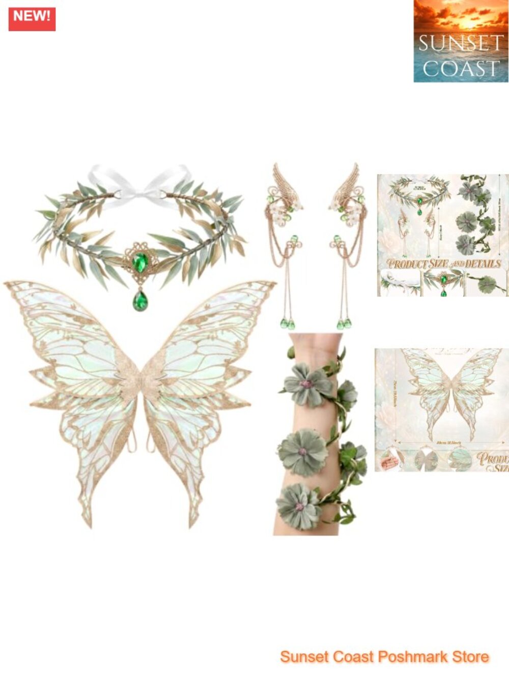 4 Pc Fairy Costume Set Wings Crown Ear Clips Armband Organza Women